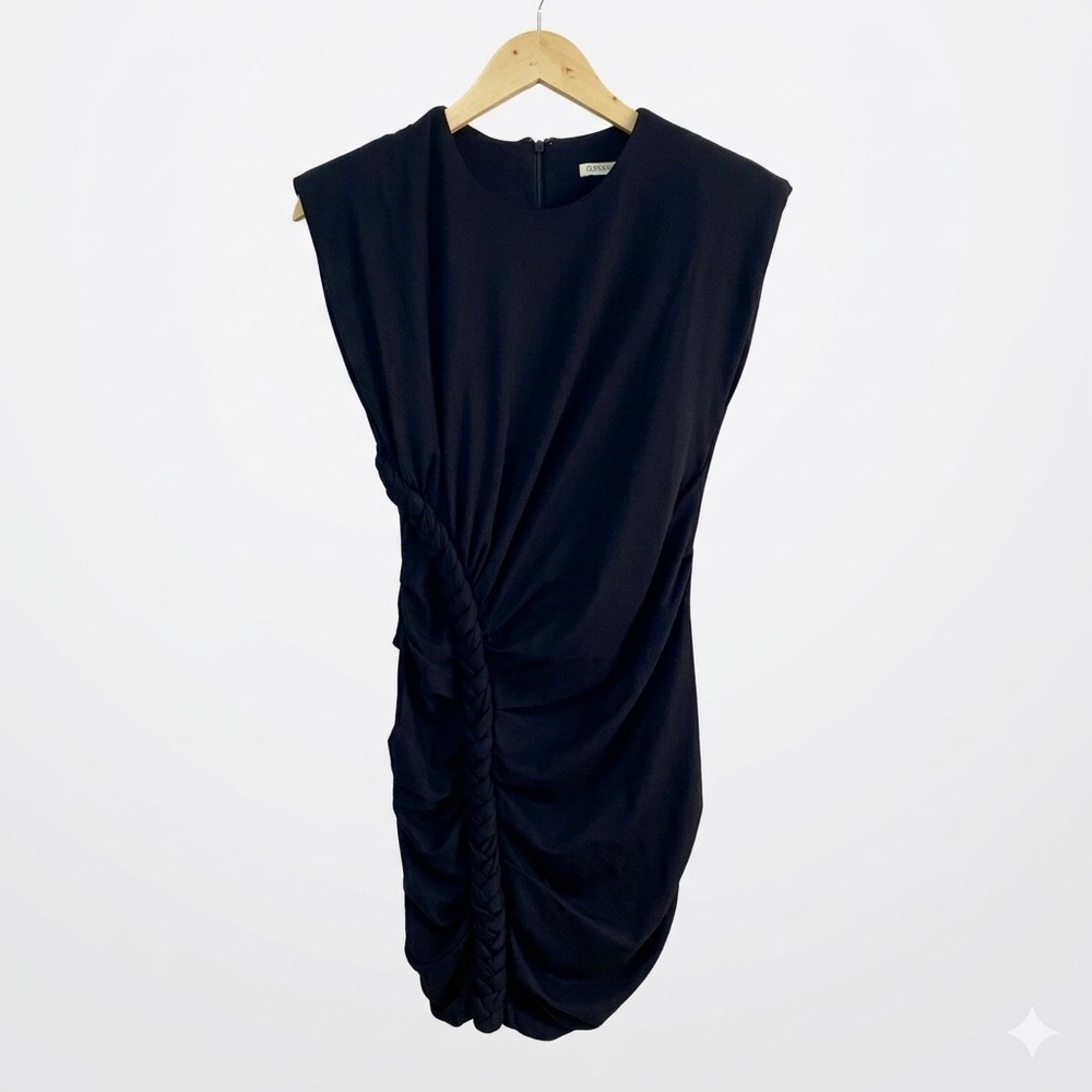 Ronny Kobo Black Braided Ruched Padded‎ Shoulder Mini Dress Size M Stretch